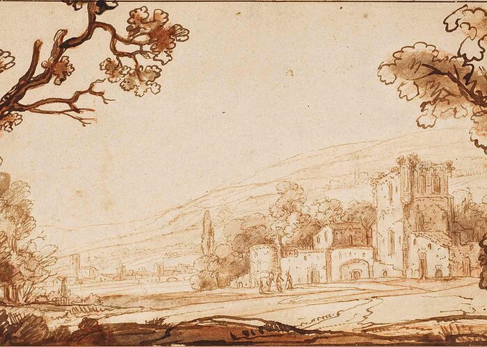 Attributed To Abraham Furnerius Greeting Card featuring the drawing A hilly landscape with figures approaching a castle by Attributed to Abraham Furnerius