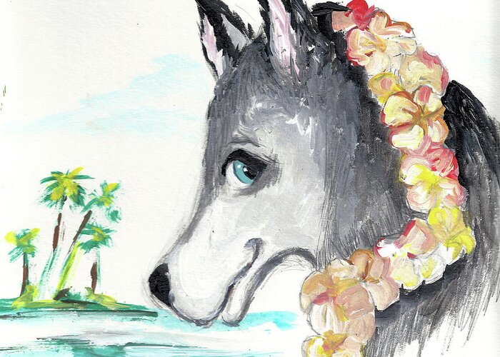 Husky Greeting Card featuring the painting A Husky in Paradise by Karen Ferrand Carroll