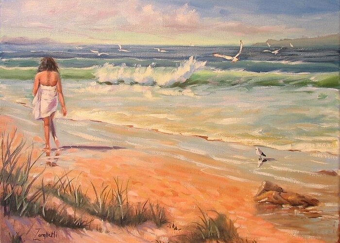 Seascape Greeting Card featuring the painting A Little Piece of Heaven donated for breast cancer auction by Laura Lee Zanghetti