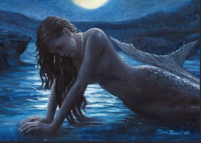 Mermaid Greeting Card featuring the painting A mermaid in the moonlight - love is mystery by Marco Busoni