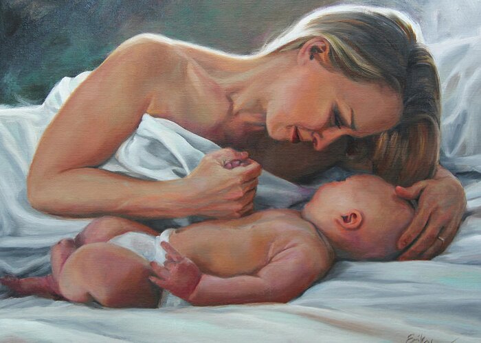 Portrait Greeting Card featuring the painting A Mother's Adoration by Emily Olson