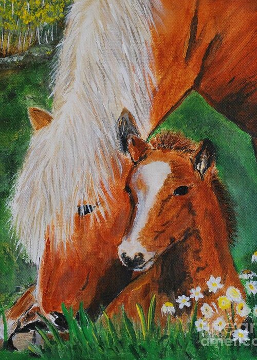 Horse Greeting Card featuring the painting A Mothers Love by Leslie Allen