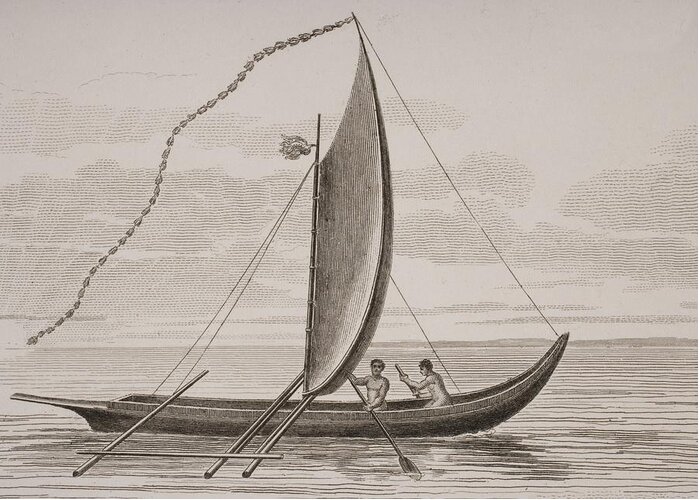 Boat Greeting Card featuring the drawing A Pahie. A Tahitian Boat. From A Print by Vintage Design Pics