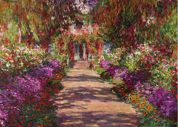 Pathway Greeting Card featuring the painting A Pathway in Monets Garden Giverny by Claude Monet