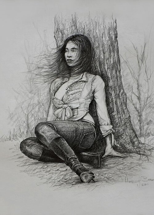 Female Greeting Card featuring the drawing A Pensive Mood by Harvie Brown