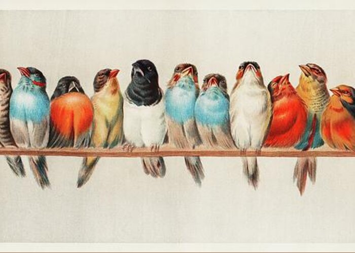 Wooden Greeting Card featuring the painting A Perch of Birds, 1880 by Vincent Monozlay