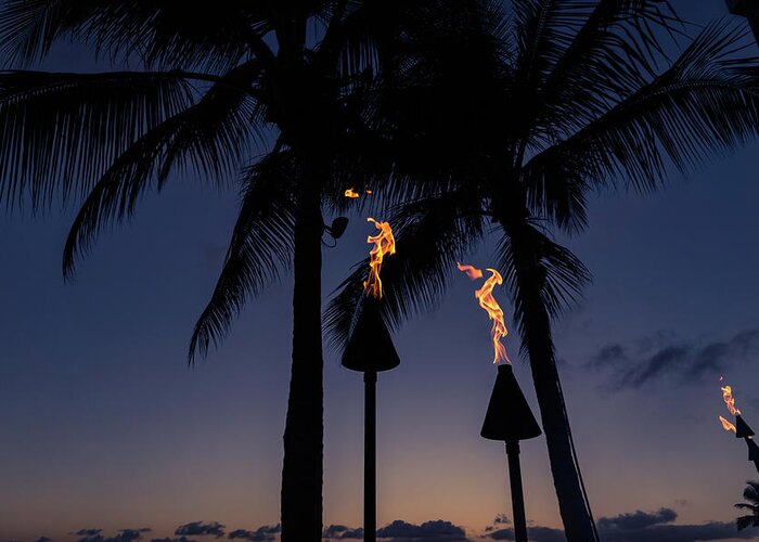 Tiki Torches Greeting Card featuring the photograph A Purple Night for a Beach Party by Georgia Mizuleva