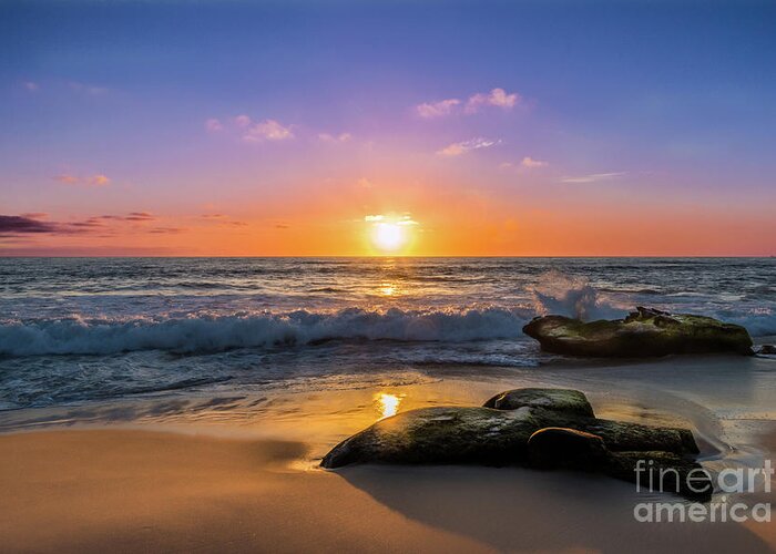 Beach Greeting Card featuring the photograph A Purple Orange Majestic Sunset at Windansea Beach by David Levin