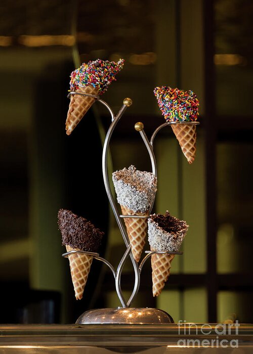 Dessert Greeting Card featuring the photograph A rack of five fancy waffle ice creame cones by Daniel Ryan