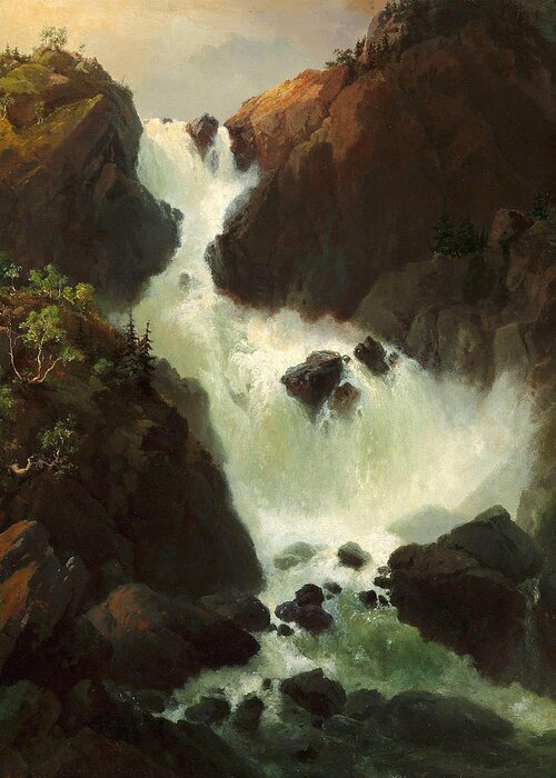 Vilhelm Melbye Greeting Card featuring the painting A raging waterfall. Laatefossen in Hardanger. Norway by Vilhelm Melbye