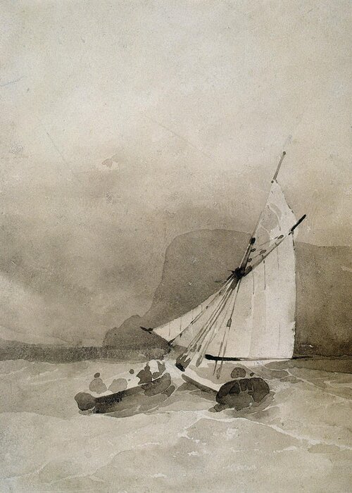 Shipping Greeting Card featuring the painting A Sailing vessel and a Rowing boat in rough seas by Richard Parkes Bonington