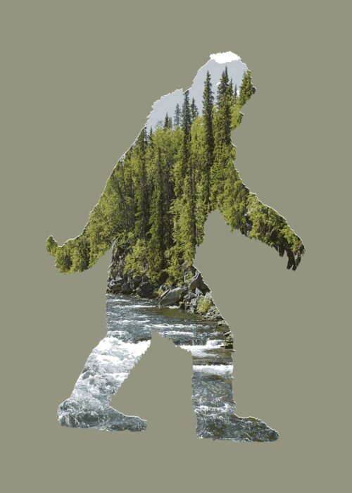 Sasquatch Greeting Card featuring the digital art A Sasquatch Bigfoot Silhouette in The Wild River Rapids by Garaga Designs