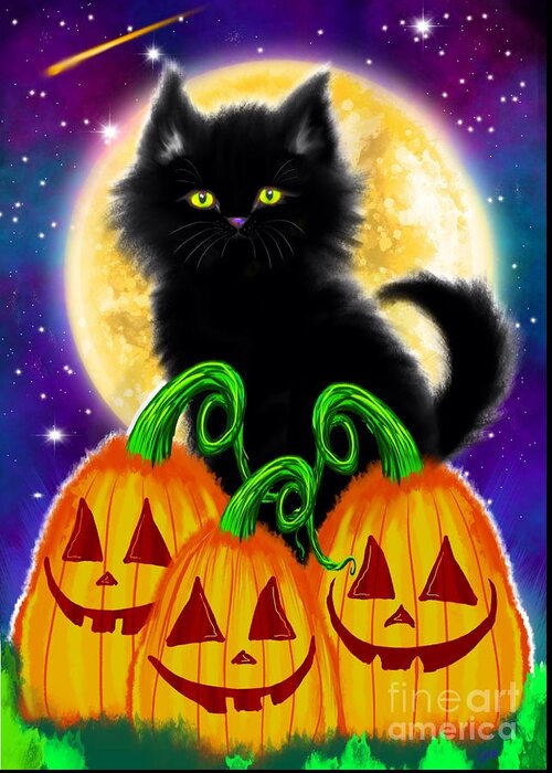 Cat Greeting Card featuring the painting A Spooky Cat Night by Nick Gustafson