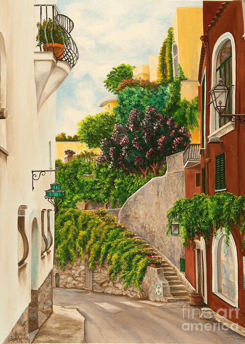 Italy Street Painting Greeting Card featuring the painting A Street in Positano by Charlotte Blanchard