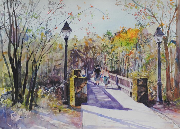 Figures Greeting Card featuring the painting A Stroll on the Bridge by P Anthony Visco