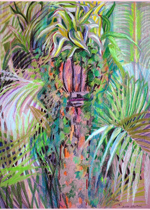Plants Greeting Card featuring the mixed media A Tropical Basket on a Post by Mindy Newman