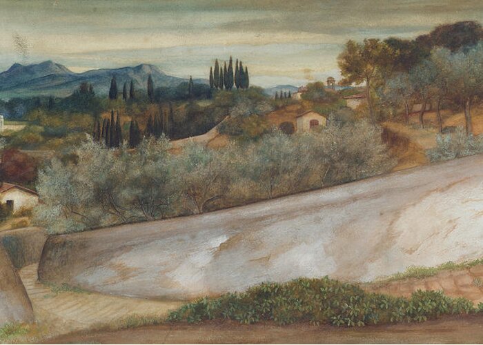 Tuscan Greeting Card featuring the painting A Tuscan landscape with village and olive grove by John Roddam Spencer Stanhope