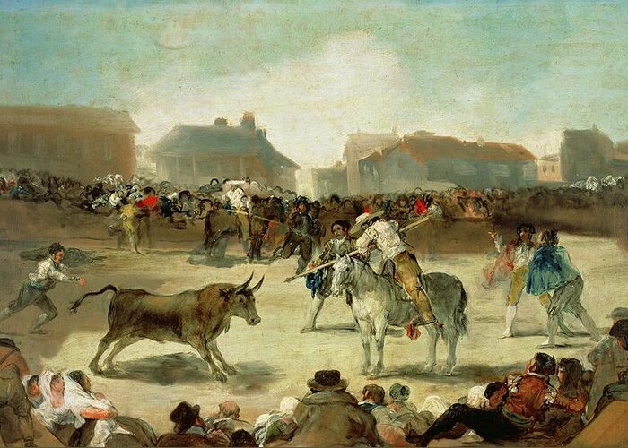 Village Greeting Card featuring the painting A Village Bullfight by Goya