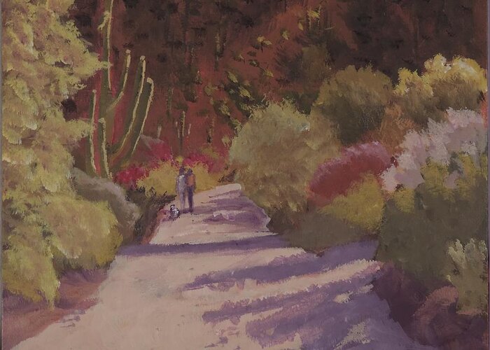 A Walk On A Sonoran Desert Road Greeting Card featuring the painting A Walk on a Sonoran Desert Road  by Bill Tomsa