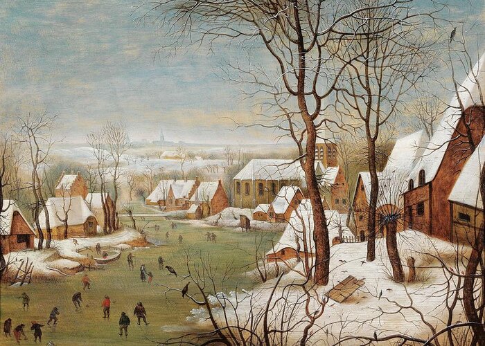 Pieter Brueghel Ii (brussels 1564-1637-38 Antwerp) A Winter Landscape With A Village And A Bird Trap Greeting Card featuring the painting A winter landscape with a village and a bird trap, by Celestial Images