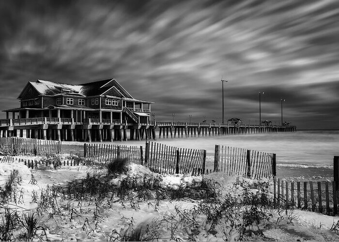 Jannettes Pier Greeting Card featuring the photograph A Winters Dusting black and white by C Renee Martin