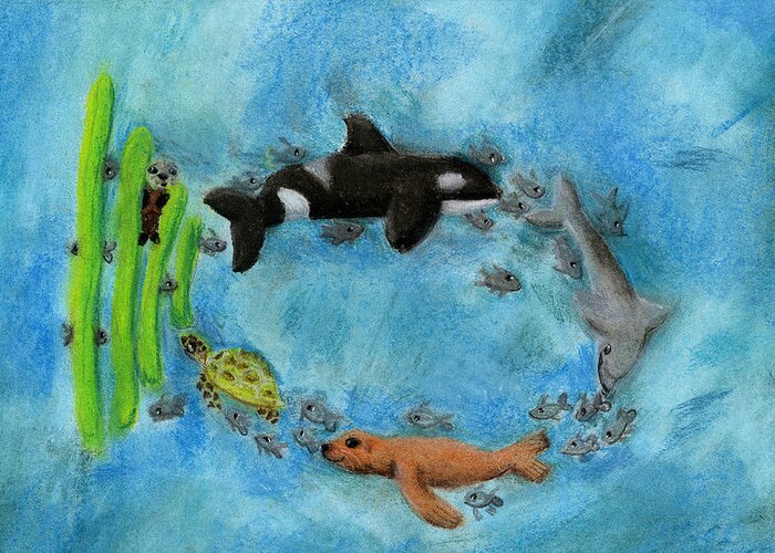 California Underwater Water Ocean Fish Sea Lion Turtle Whale Orca Herring Greeting Card featuring the pastel A Wish for a Fish by Estella Sky Keyoung 3rd grade by California Coastal Commission