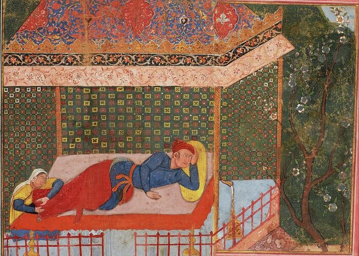 A Woman Holds The Feet Of A Man Sleeping In A Pavilion Greeting Card featuring the painting A woman holds the feet of a man sleeping in a pavilion by Eastern Accents
