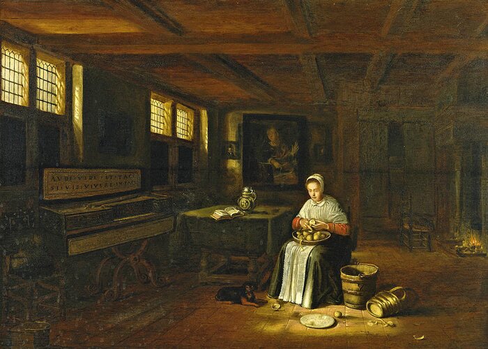 Govert Dircksz Camphuysen Greeting Card featuring the painting A Woman in an Interior peeling Vegetables by Govert Dircksz Camphuysen