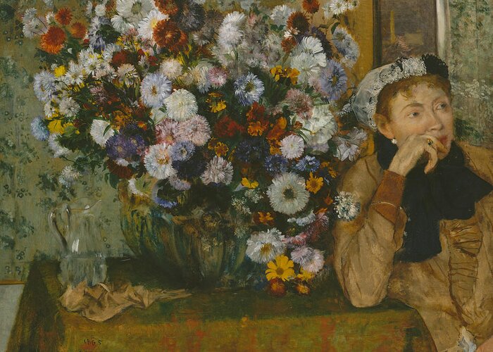 19th Century Art Greeting Card featuring the painting A Woman Seated beside a Vase of Flowers by Edgar Degas