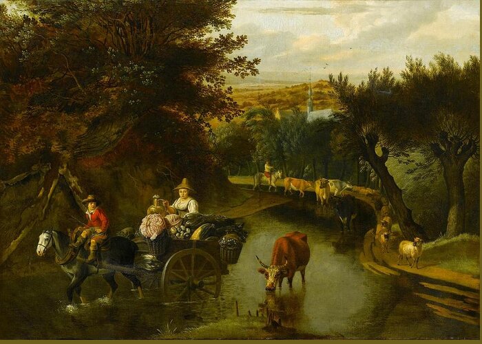 Jan Siberechts Greeting Card featuring the painting A Wooded Landscape with Peasants in a Horse by MotionAge Designs