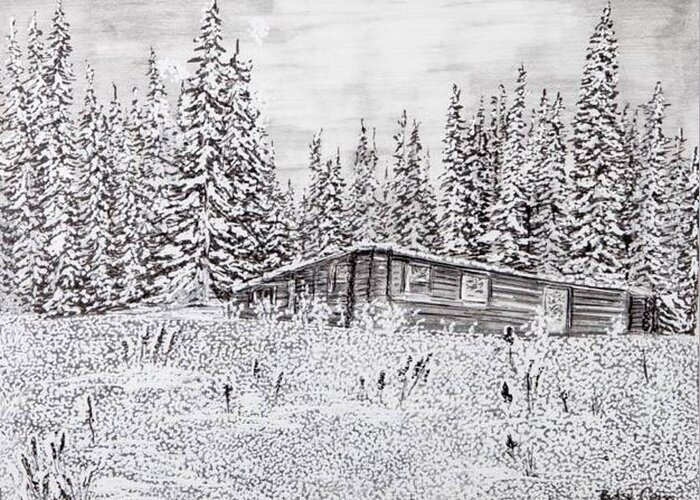 Pen And Ink Greeting Card featuring the drawing Abandoned Cabin by Betsy Carlson Cross