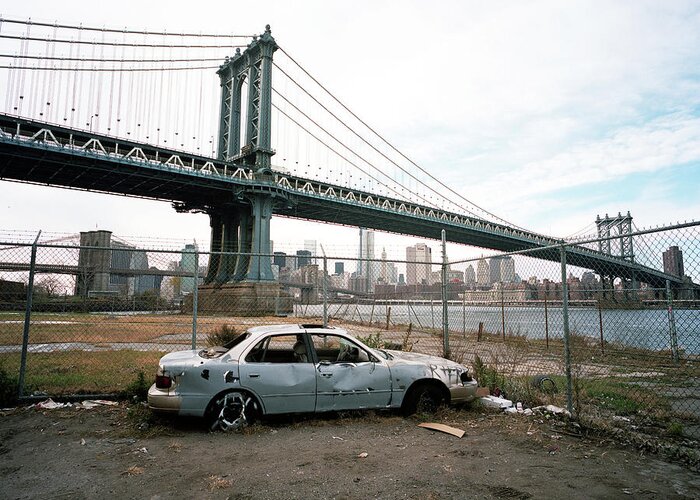 Brooklyn New York City Manhattan Car Manhattan Bridge Dumbo Greeting Card featuring the photograph Abandoned Car and Manhattan Bridege by Neilson Abeel Jr