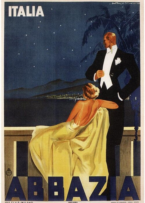 Italia Greeting Card featuring the photograph Abbazia, Italia - Woman and Man Looking Out At a Mountain - Retro travel Poster - Vintage Poster by Studio Grafiikka