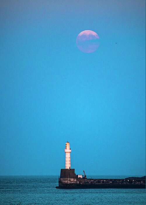 Lighthouse Greeting Card featuring the photograph Aberdeen Lighthouse and Full Buck Moon by B Cash