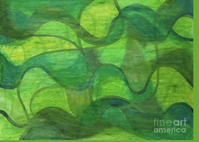 Abstract Green Wave Connection By Annette M Stevenson Greeting Card featuring the painting Abstract Green Wave Connection by Annette M Stevenson