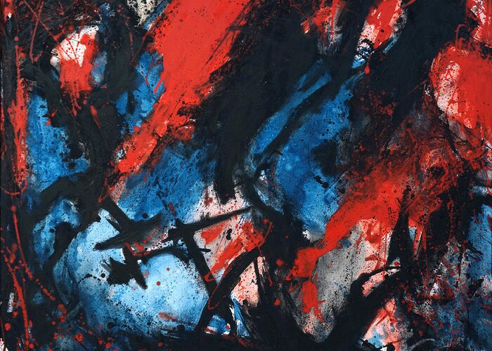 Abstract In Black Red And Blue; Abstract Oil Greeting Card featuring the painting Abstract in Red Blue Black by Joe Michelli