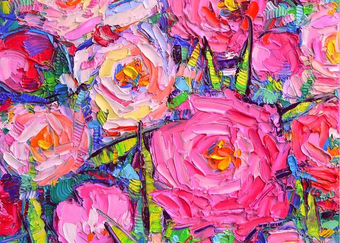 Peonies Greeting Card featuring the painting ABSTRACT PINK PEONIES modern textural impressionist impasto knife oil painting by Ana Maria Edulescu by Ana Maria Edulescu