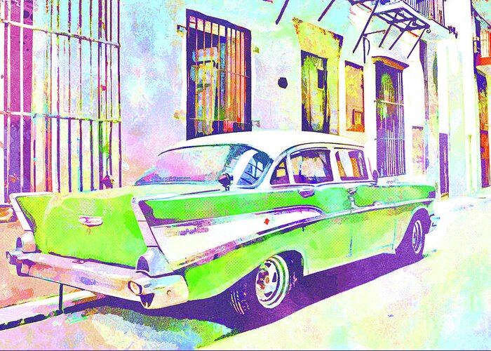 Havana Greeting Card featuring the mixed media Abstract Watercolor - Havana Cuba Classic Cadillac III by Chris Andruskiewicz