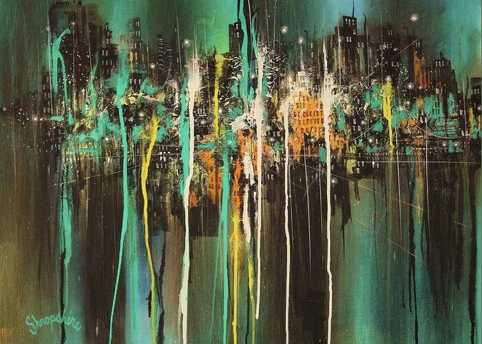 Semi-abstract; City Lights; City At Night; Tom Shropshire Paintings; Impressionistic; Night Lights; Cityscape; Urban Landscape Greeting Card featuring the painting Across The Bay by Tom Shropshire