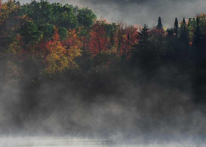 295 Adirondack Misty Morning #1 Adirondacks New York United States Usa Sky Clouds Mist Misty Vertical Square Contemplative Outside Outdoors Water Cloudy Day Fall Color Red Reds Orange Oranges Yellow Yellows Blue Blues Green Greens Tones Vista Vistas Soft Quiet Stillness Fog Foggy Zen Zenlike Serene Meditative Landscape Country Steve Steven Maxx Photography Photo Photographs Greeting Card featuring the photograph Adirondack Misty Morning #1 by Steven Maxx