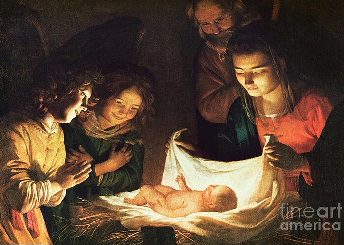 Adoration Of The Baby Greeting Card featuring the painting Adoration of the baby by Gerrit van Honthorst