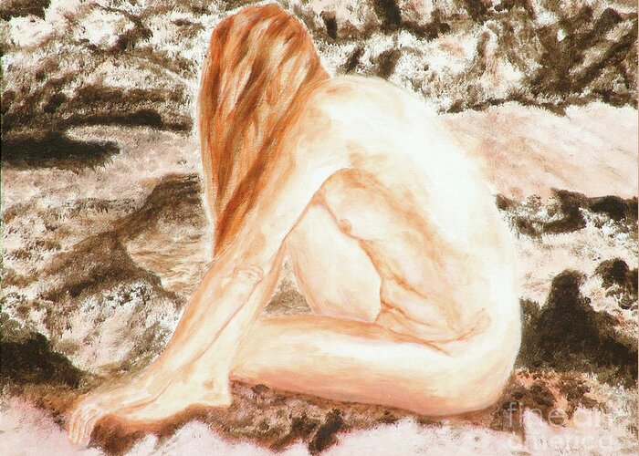 Nude Greeting Card featuring the painting Adrina On Rocks by Alex Mortensen