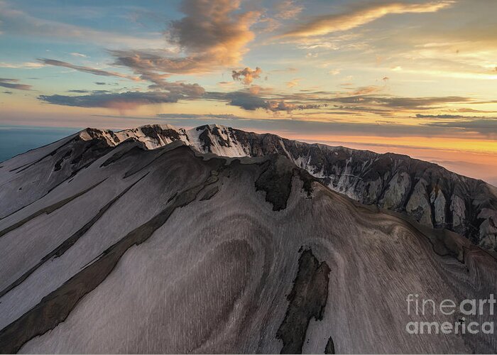 Mount Saint Helens Greeting Card featuring the photograph Aerial Mount St Helens Sunset Crater Snow Swirls by Mike Reid