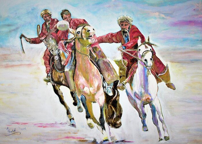 Afghanistan Greeting Card featuring the painting Afghan sport. by Khalid Saeed