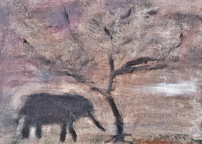African Landscape Greeting Card featuring the painting African Landscape baby elephant and banya tree at watering hole with mountain and sunset grasses shr by MendyZ