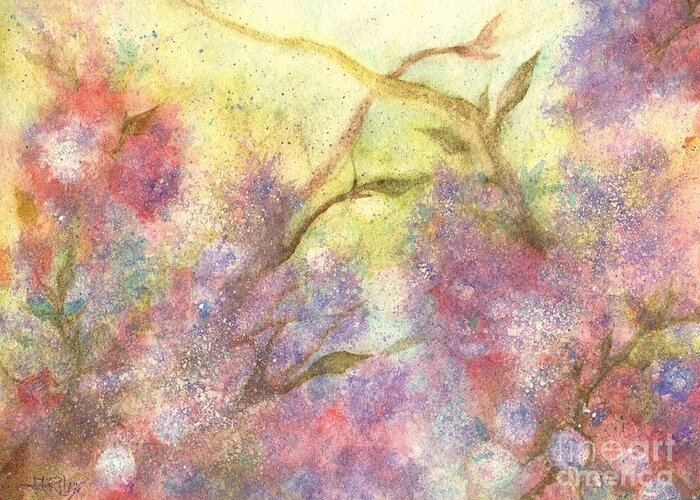 Misty Greeting Card featuring the painting After the rain - May Flowers by Janine Riley