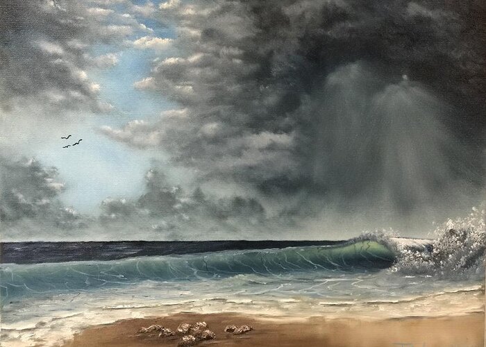 Seascape Ocean Water Sky Beach Wave Greeting Card featuring the painting After the storm by Justin Wozniak
