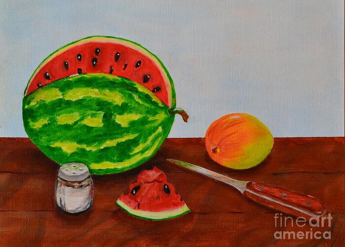 Watermelon Greeting Card featuring the painting Afternoon summer treat by Melvin Turner