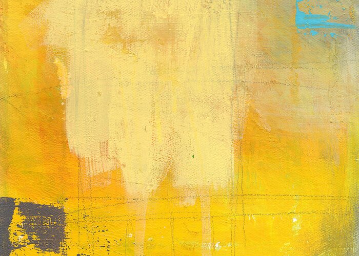 Abstract Painting Yellow Grey Gray Blue White abstract Painting Sun Afternoon Urban Loft urban Loft Lines Warm abstract Art By Linda Woods Square coffee House Style Hotel Office Lobby Healthcare Bedroom Living Room Entrance Greeting Card featuring the painting Afternoon Sun -Large by Linda Woods
