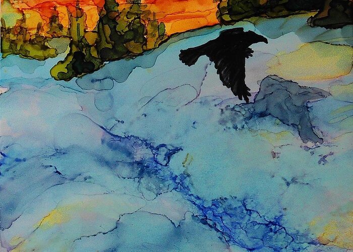 Alcohol Ink Greeting Card featuring the painting Raven's Shadow - A 230 by Catherine Van Der Woerd